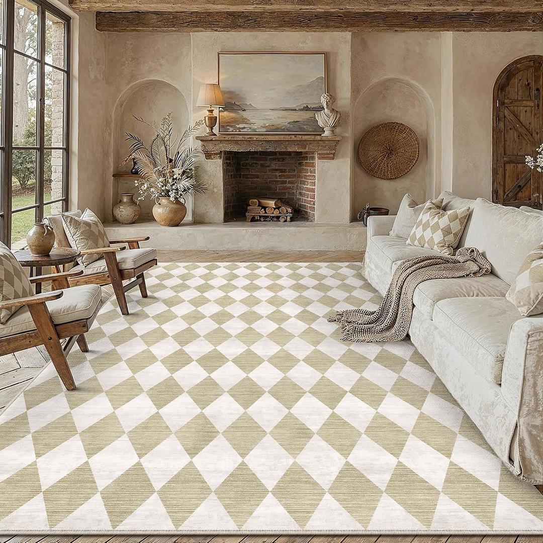 8x10 Checkered Beige Area Rug for Living Room Bedroom Washable Soft Modern Non Slip Large Throw Rug Lightweight Low Pile Neutral Carpet Dining Room Office Classroom Nursery Playroom