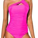 Tempt Me White Blue Stripe Two Piece Tankini Bathing Suits for Women One Shoulder Swim Top with Bottom Swimsuits, Pink, L