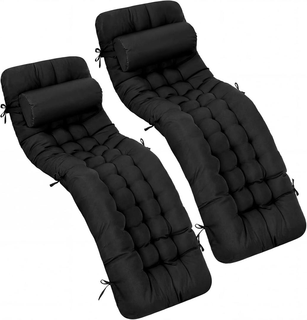 Tudomro 66'' Outdoor Chaise Lounge Cushion Waterproof Patio Pool Chaise Lounge Cushion with Headrest Pillow Tie Fade Resistant Replacement Longue Rocking High Back Chair(Black,2 Pcs)