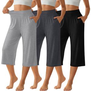Neer 3 Pack Women Capri Pants Wide Leg High Waist Crop Lounge Sweatpants Loose Summer Casual Workout Pants with Pocket (S)