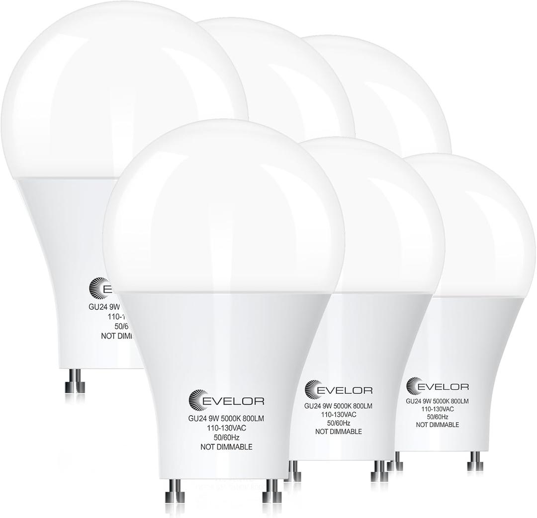 GU24 LED Light Bulb,60 Watt Equivalent Daylight White 5000K,Non-Dimmable,Efficient 9W,800 Lumens 2 Prong Light Bulbs,15000 Hours,Ideal for Kitchen,Range Hood,Living Room,Bedroom,6-Packs