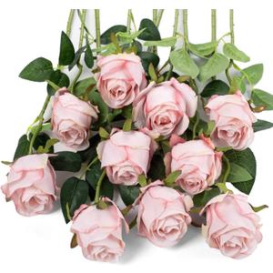 Flojery 10pcs Artificial Rose Flowers Long Stem Fake Silk Roses for DIY Wedding Bouquet Table Centerpiece Home Decor (Light Pink)