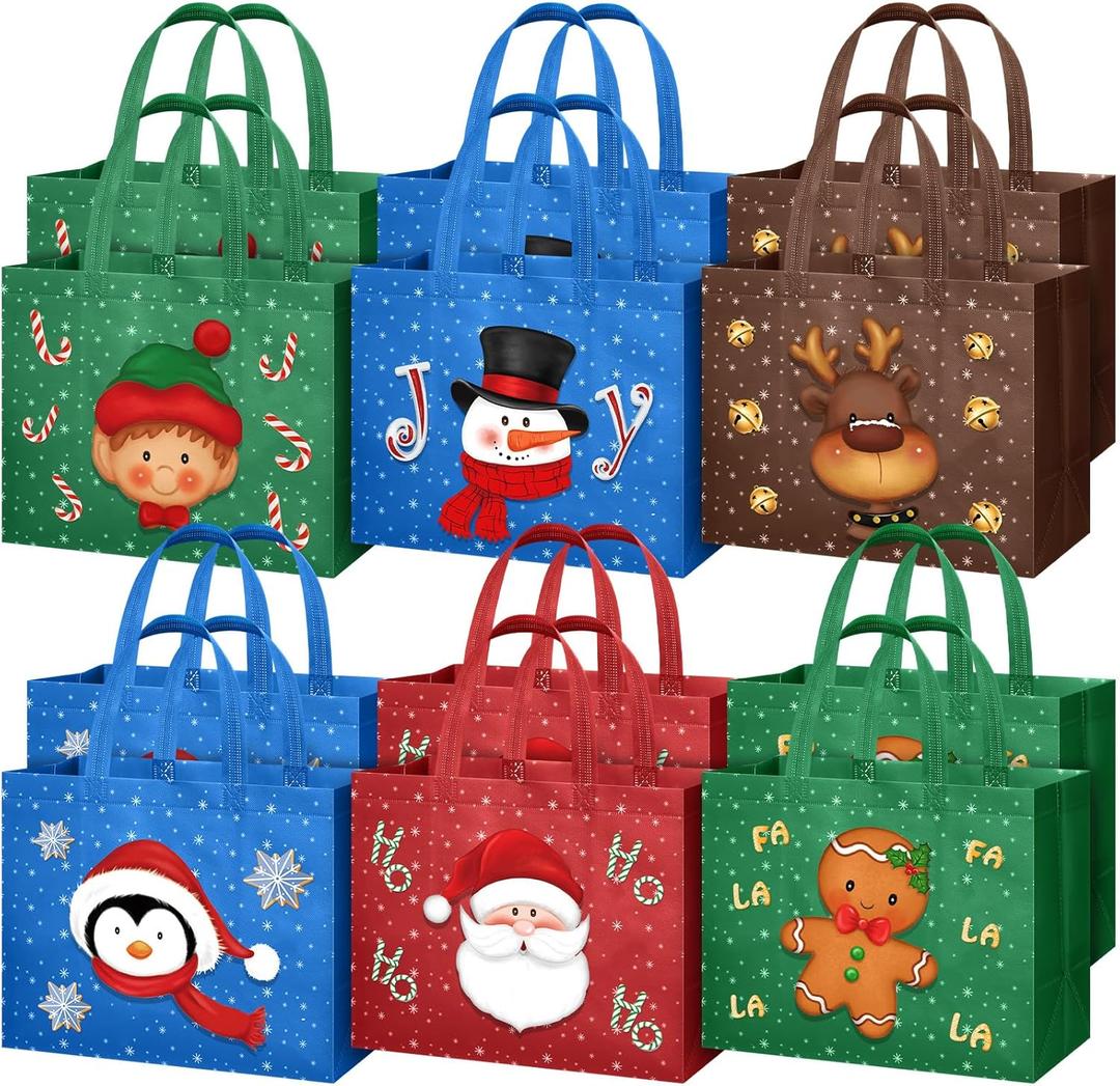 Clysee 12 Pcs Christmas Gift Bags with Handles 12.6 x 9.8 x 6.7 Inch Large Non-Woven Tote Bags Christmas Reusable Treat Bags for Gifts Wrapping Shopping Xmas Holiday Party Favors