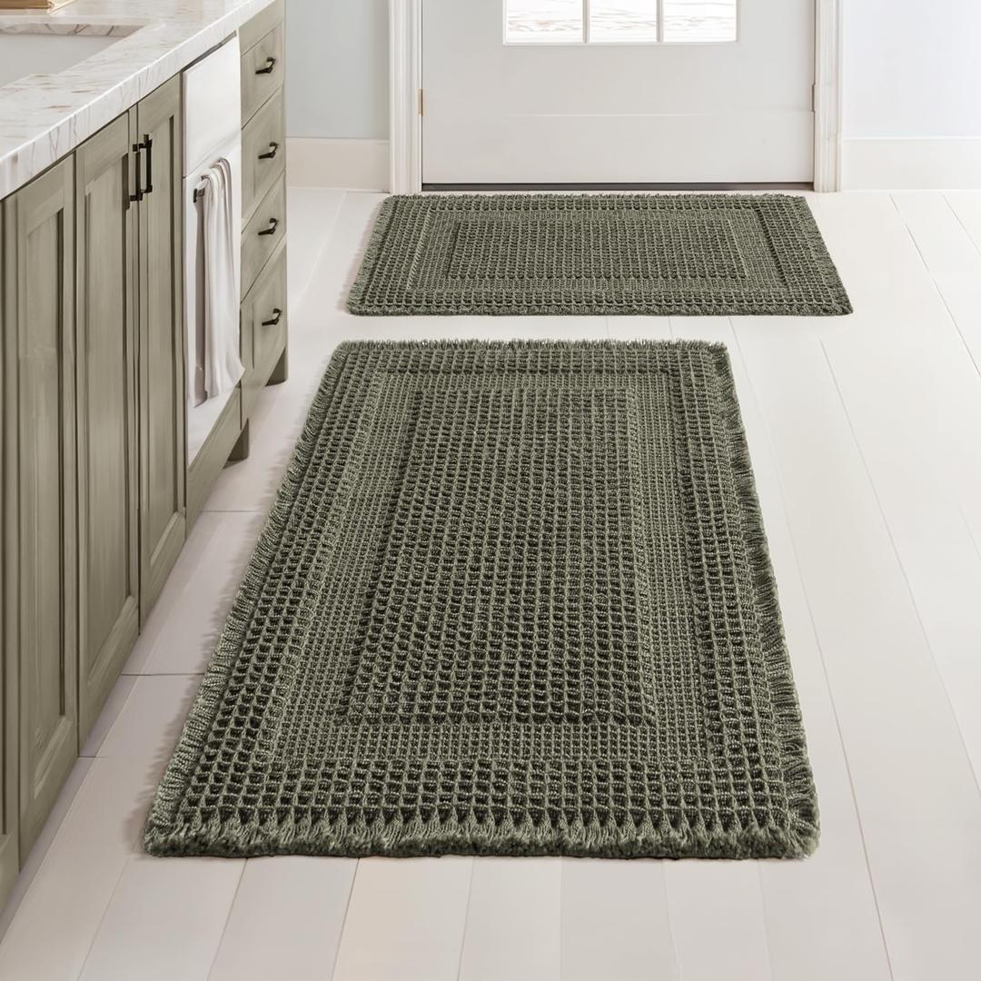 MIULEE Set of 2 Waffle Bathroom Rugs, Boho Bath Rug Super Absorbent, Non Slip Washable Ultra Soft Rubber Backed Shower Bath Mats for Floor, Tub, Shower, Looped Design, Green, 17"x24"+18"x30"