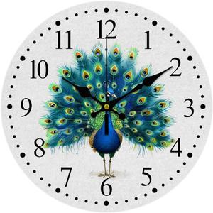 CHGCRAFT Peacock Wall Clock Non-Ticking Clock Round Decorative Wall Clocks Printed Clocks for Home Living Room Bedroom Home Office Decoration
