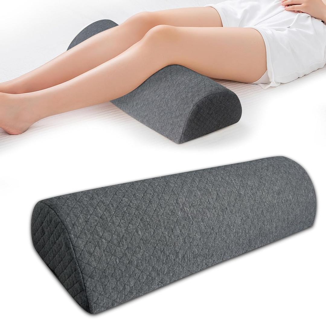 Half Moon Bolster Knee Pillow, Back Pain Relief Memory Foam Leg Pillow, Semi Roll Round Lumbar Leg Wedge for Side Sleepers - Reducing Head Neck Spine Hip Pressure - L (20.5" x 8" x 4.5", Grey)