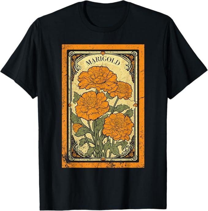 Vintage Marigold Flowers Tarot Card T-Shirt
 XL