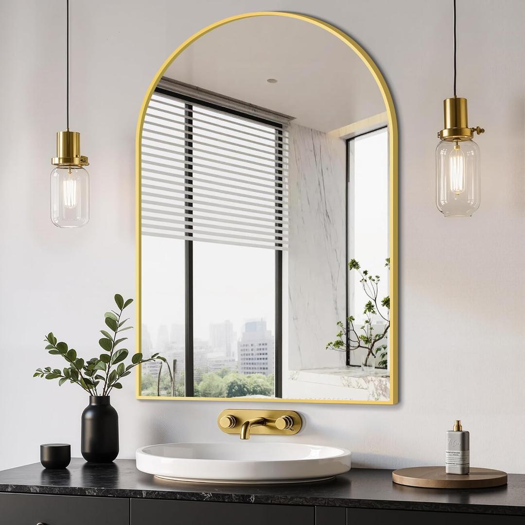 Delma Arched Bathroom Mirror, 24"x36" Wall Mounted Vanity Mirror for Bedroom, Living Room and Entryway, Gold