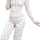 SweatyRocks Women's Floral Pajama Set Ruched Long Sleeve Top and Pants Pjs Set Sleepwear Loungewear (White, XL)