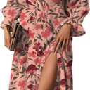 BLENCOT Womens Casual Square Neck Long Sleeve Boho Floral Midi Dress Print Side Split Dresses (X-Large)