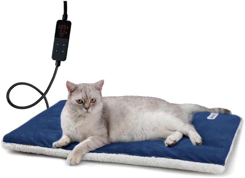 Rest-Eazzzy Heated Cat Bed with Removable Cover, 5 Level Timer & Temperature, Indoor Warming Mat for Cats & Dogs (Heat Pad, Pure-Blue, M) (Medium-1 Pack)
