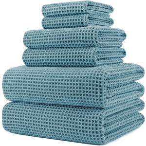 POLYTE Oversize, 60 x 30 in., Quick Dry Lint Free Microfiber Bath Towel Set, 6 Piece (Waffle Weave) (Green)