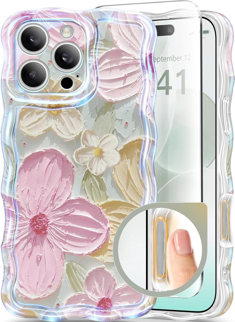 GVIEWIN for iPhone 16 Pro Max Case with Camera Control Capture Button, [Compatible with Magsafe][Screen & Full Camera Protection] Colorful Oil Painted Flower Wave Edge Phone Case (Sunny Flower/Pink)