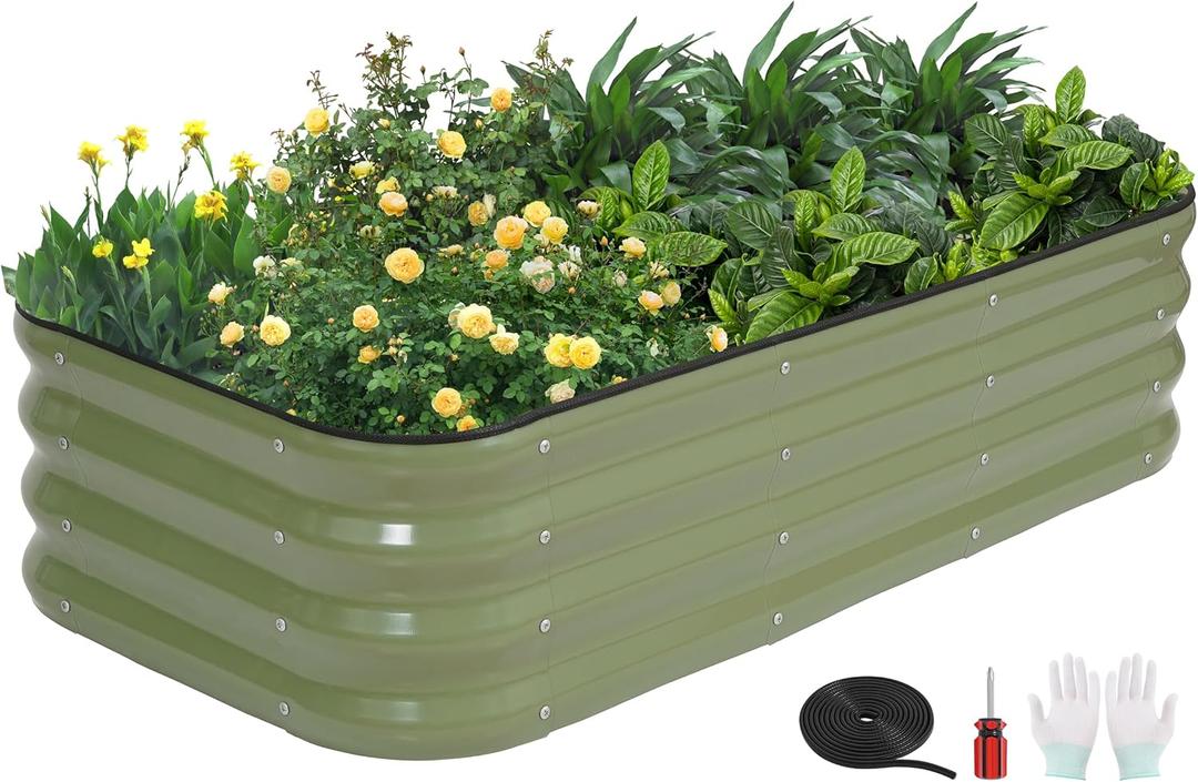 3-in-1 Modular Raised Garden Bed Kit - Adjustable Sizes (4x2x1ft, 3x3x1ft, 5x1x1ft) - Heavy-Duty Galvanized Steel Planter Box with Bracing Rods & Gloves for Vegetables, Fruits, Flowers (Green)