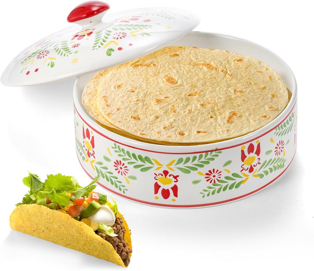Yopay Ceramic Tortilla Warmer, 8.5 inch Tortilla Server with Lid, Taco Holder Container for Pancakes, Cinco De Mayo, Taco Tuesday Night, Party, Microwave Dishwasher Safe, Vintage Flower
