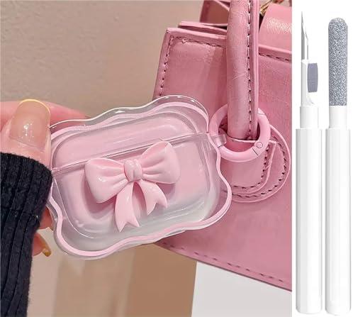 Cute AirPods Pro 2/1 Gen Clear Case, Girly 3D Bow Design Soft TPU Protective Shockproof Kawaii Apple iPod Pro 2nd/1st Generation Cover with Cleaner Pen & Keychain Girls Women 2023/2022/2019 - Pink