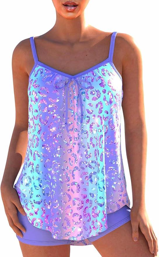 Two Piece Flowy Tankini Swimsuits for Women, Graffiti Print Curved Hem Tank Top with Boyshorts, XXL