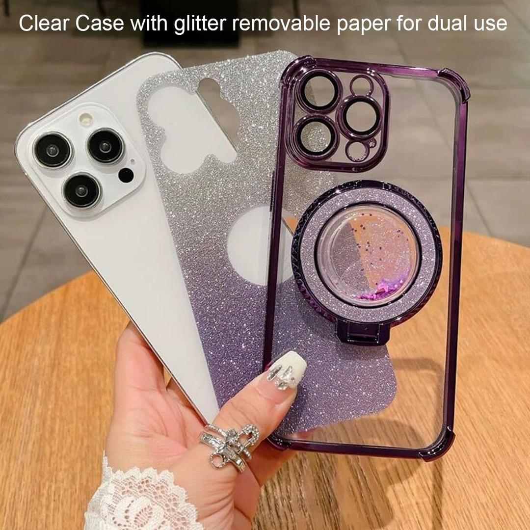 Changjia Glitter Liquid Kickstand Case for iPhone 16 Plus,Cute Luxury Bling Sparkle with Camera Protector Flowing Ring Stand Plating Bumper Shockproof Women Girls Case for iPhone 16 Plus 6.7" (Purple)
