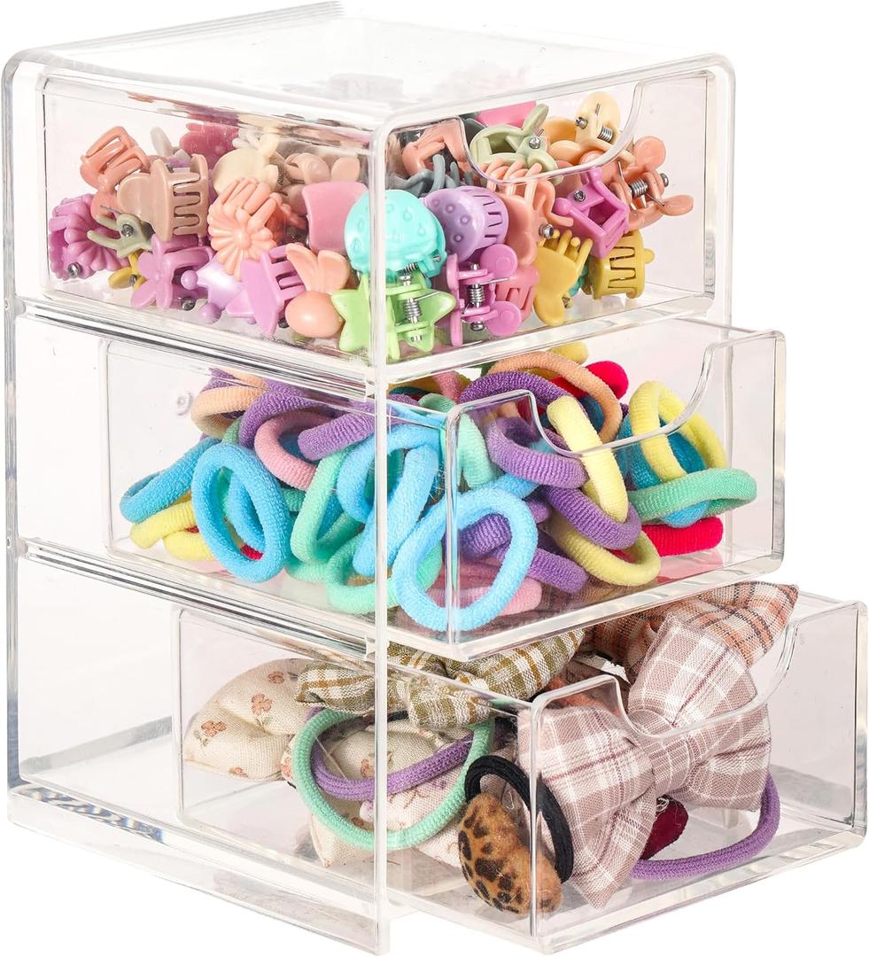 Mini Clear Acrylic 3-Drawer Organizer for Girls Hair Accessories, Jewelry, Makeup, Desk Supplies Small Storage Box for Clips, Scrunchies & Bathroom Essentials