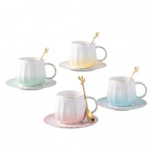 LGQ Ceramic Espresso Cups and Saucers Set of 4, 7oz Porcelain Cups for Coffee, Tea, Cappuccino and Various Drinks with Elegant Gold Rim(Multicolor)