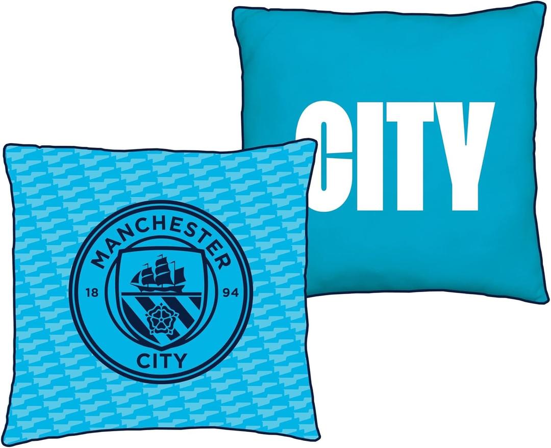 Manchester City FC Official Blue Cushion, Super Soft Reversible 2 Sided, Soccer Club Crest Design, Perfect for Any Bedroom, Sofa or on The Bed 16 x 16 INCHES (Square)