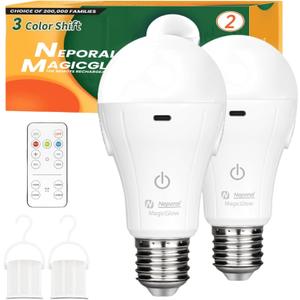 Neporal MagicGlow Rechargeable Light Bulbs with Remote, 3 Colors Shift + Dimmable Battery Powered Light Bulbs, USB Rechargeable, A19 Standard Emergency LED Light Bulbs, 15W, Up to 24 Hours, 2 Pack (White)