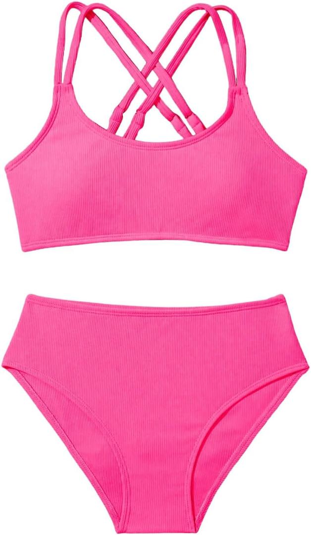 Milumia Girl's 2 Piece Swimsuits Criss Cross Spaghetti Strap Bikini Sets Swimwear Hot Pink, 11Y