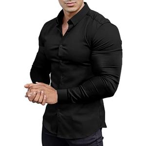 Mens Muscle Fit Dress Shirts Athletic Slim Fit Long Sleeve Stretch Casual Button Down Shirt (Black, L)