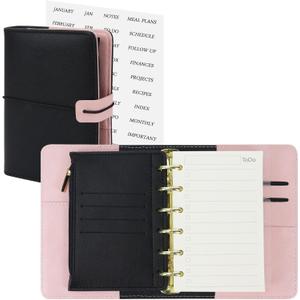 Koqye A7 Leather Binder 6-Ring with Zipper Pocket, Include Dividers & Refills Stickers, Black Refillable Planner Cover with Pockets (Black & Pink)