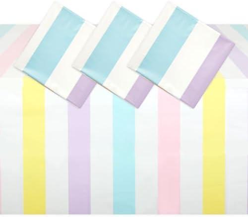 BLUE PANDA 3-Pack Pastel Striped Party Tablecloths - 54 x 108 Inch Rectangular - Disposable Plastic Table Covers for Ice Cream Party Decorations & Kids Birthday Photo Backdrop