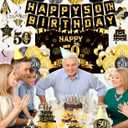 50th Birthday Decorations, Pre-Strung Happy Birthday Banner with Balloons, Backdrop, Honeycomb Centerpieces, Hanging Swirl Streamers, Black Gold Happy Birthday Party Decorations for Men Women
