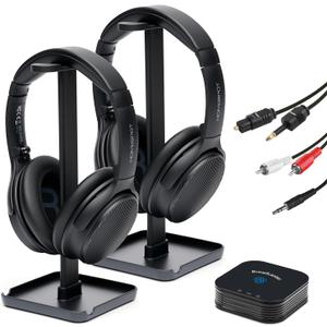 HomeSpot JM320, Auracast TV Headphones with BA210 v2 Transmitter for AV Home Theater Movie Projector, Bluetooth 5, Seamless Switching with Mobile Tablet, No Delay, 60 Hrs (2 Headphones Companion Pack)