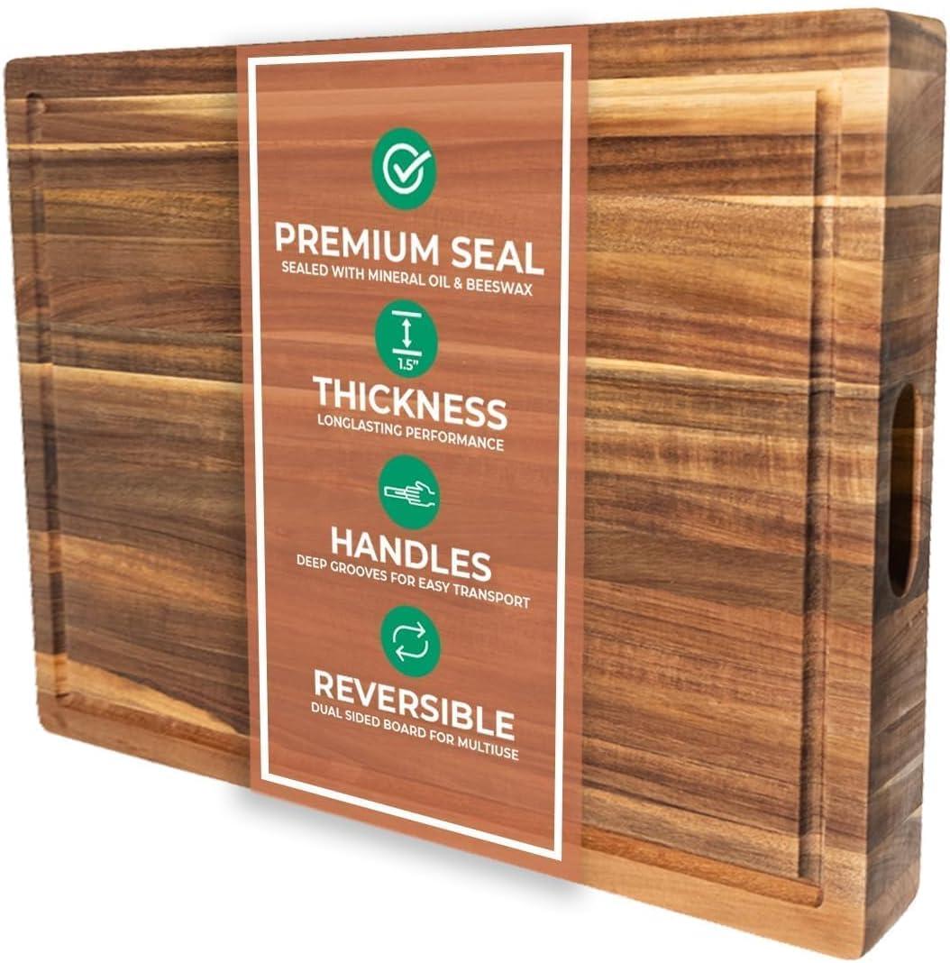 Saffron & Sage Extra Large Wood Cutting Board - Thick 23 x 17 x 1.5 Inch Acacia Wooden Cutting Boards for Kitchen use with Deep Juice Groove, Reversible Chopping Board Doubles as a Charcuterie Board