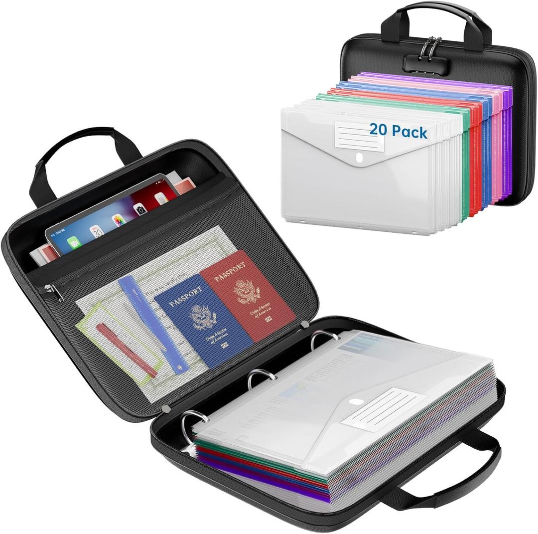 Binder Folders Organizer with 20 Pack Heavyweight Plastic Pockets,Fireproof File Folder Box with Lock,Zipper Binder Bag for Important Documents,Letter Size (Black)