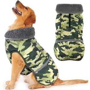Dogcheer Warm Dog Coat, Waterproof Dog Jacket Reflective Adjustable Puppy Winter Coat with Buckle, Christmas Pet Snow Jacket Turtleneck Fleece Sweater for Small Medium Large Dogs- Camo Green, XL