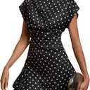 OYOANGLE Women's Polka Dots Short Sleeve Mock Neck Ruched Cinched Waist Dress Party Cocktail Dresses, Small