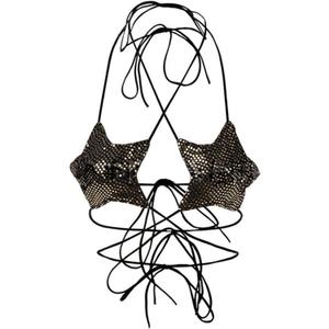 Women's Glitter Sequin Star Bra Top Halter Lace Up Crop Top Bralette Bandeau Camisole Rave Clubwear