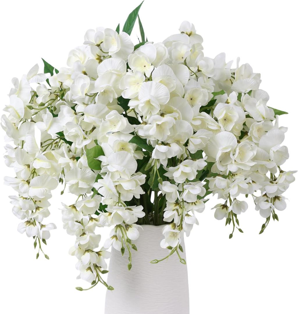 HyeFlora Fake Flowers Indoor Plants, 2Pcs Greenish White Hanging Wisteria Decoration, Light Cream White UV & Fading Resistant, Room Decor for Kitchen Living Room Bathroom Centerpiece Table