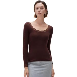 SUUKSESS Cloud Cashmere Women Lace Scoop Neck Tops Basic Long Sleeve Knit Shirts (X-Small, Dark Brown)