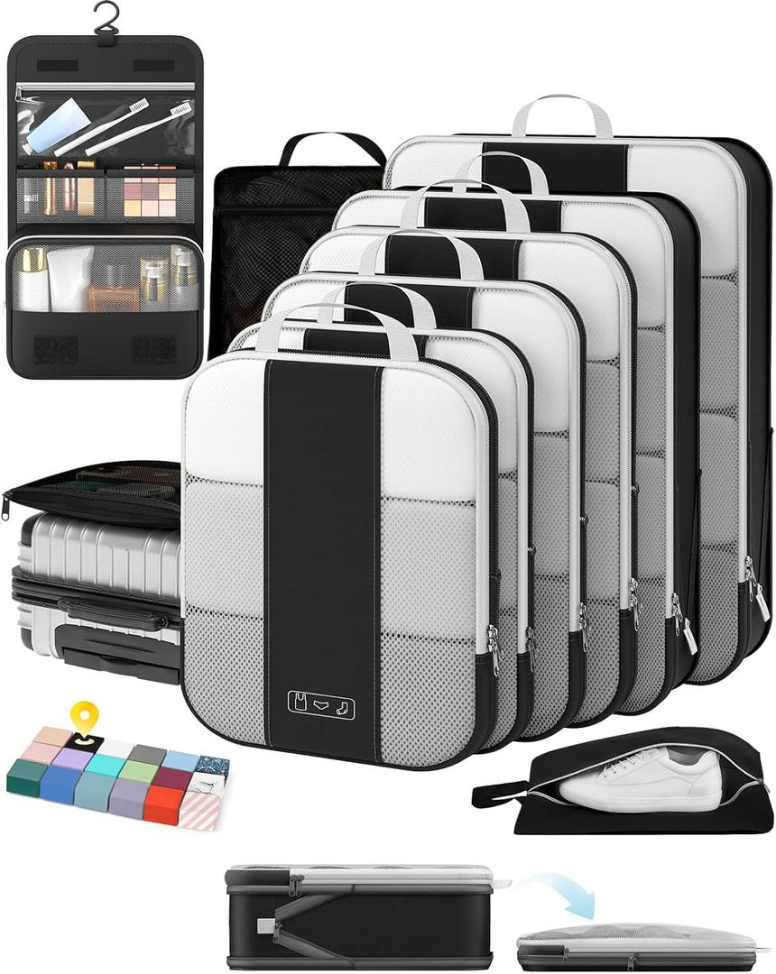 10 Set Compression Packing Cubes for Travel Essentials, Compressible Expandable Packing Cubes for Suitcase, OlarHike Luggage Organizer Bags for Travel, Handy Helper for Organizing Clothes(Black)