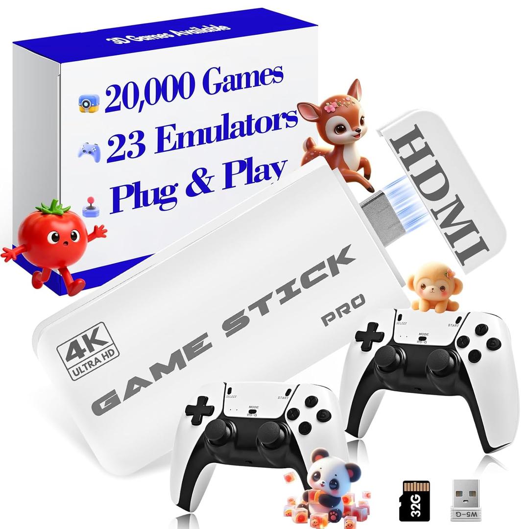 Retro Gaming Console 2026 with 23 Emulators, Game Stick Pro 4K with 20,000 Games, HDMI Output Retro Video Game Console Plug and Play with Dual 2.4G Wireless Controllers