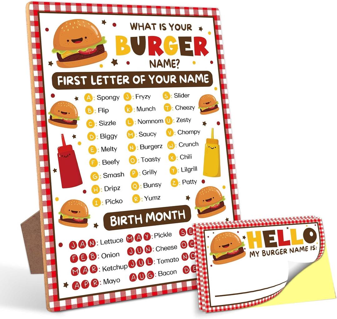 What is Your Burger Name Game,30 Stickers, Burger Party Decor, Perfect for Birthday Party Activities 68 Wooden Play Sign with Stand