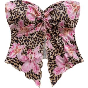 GORGLITTER Women's Leopard Tube Top Floral Twist Front Split Strapless Asymmetrical Hem Bandeau (L)