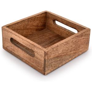 Wooden Napkin Holder with Handles, Square Storage Box, 7.5 x 7.5 x 2.75 inches, Brown