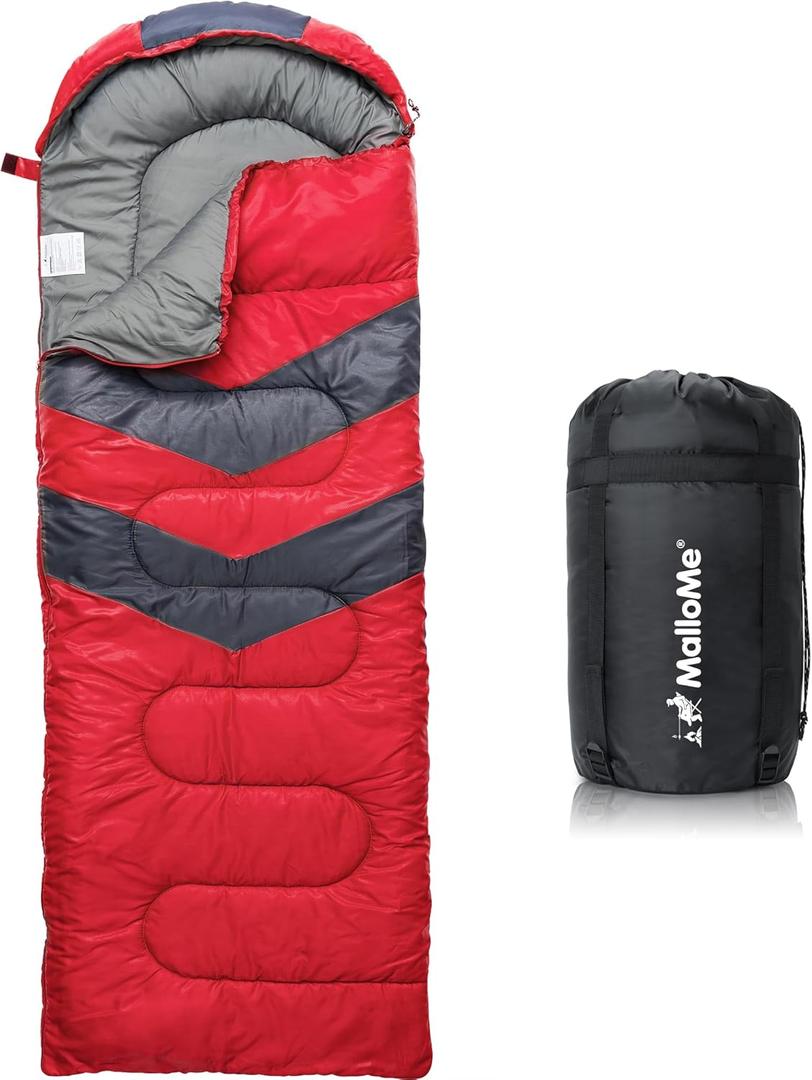 MalloMe Sleeping Bags for Adults Cold Weather & Warm - Backpacking Camping Sleeping Bag for Kids 10-12, Girls, Boys - Lightweight Compact Camping Essentials Gear Accessories Hiking Sleep Must Haves (50-80F Everyday 3 Season - Red)