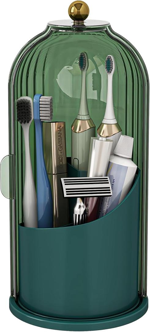 Dustproof Toothbrush Holders with Cover, Rotating Electric Toothbrush and Toothpaste Holder for Bathroom Countertop, 3 Slots Makeup Brushes Organizer, All Green