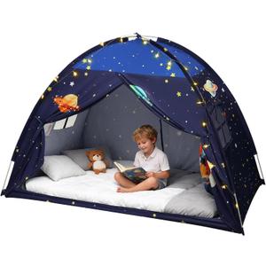 Twin Bed Tent Canopy, Space Indoor Blackout Privacy Toddler Bed Tent for Kids with Light, Portable Sleeping Floor Kids Playhouse (Blue, Twin Size) (Twin-76.4"L x 39"W x 49"H)