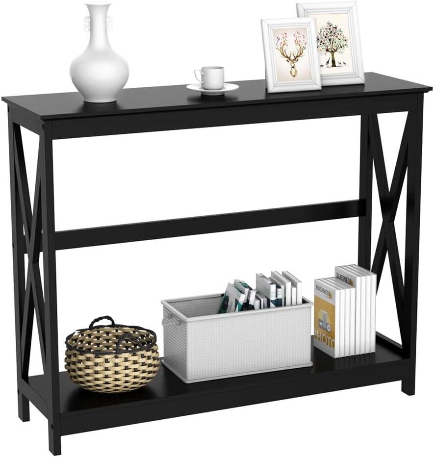 Yaheetech Console Table for Entryway, 2 Tier Entryway Table Bookshelf Accent Table w/Storage Shelf Living Room Entry Hall Foyer Table Furniture, Black,X-Design