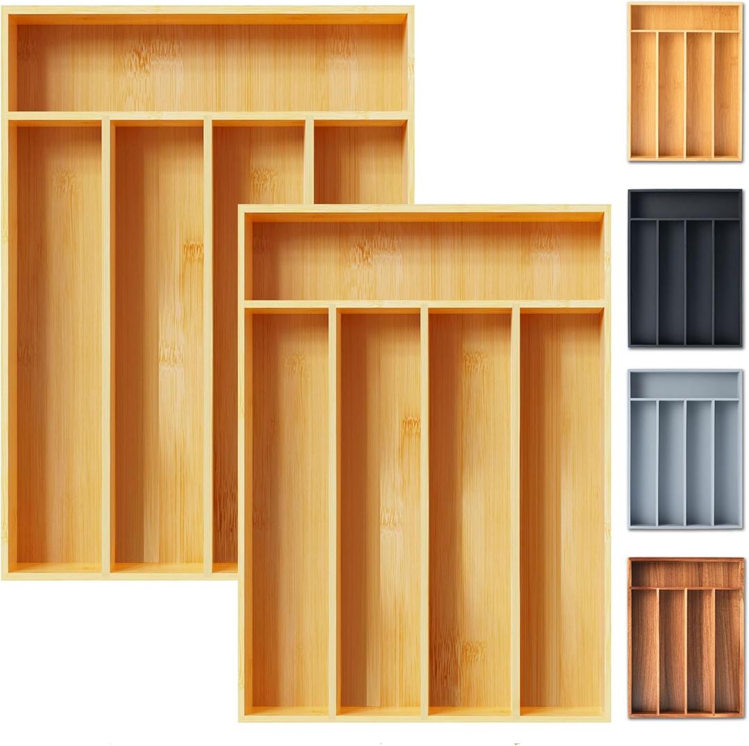 Silverware Organizer, 2 Pack 10 Inch Utensil Organizer Kitchen Drawer Organizer Bamboo Silverware Holder Cutlery Tray Organizer in Drawer Flatware Organizer Tray(5 slots, Natural