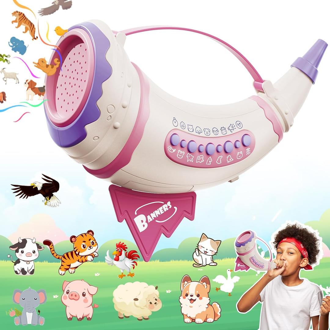Outdoor Discovery Animal Caller for Kids Toddlers, Hunting Toys with 2 Modes & 30 Realistic Animal Sounds, Toys with 8" Horn and 5-Level Lights, Early Learning for Boys Girls (Pink)
